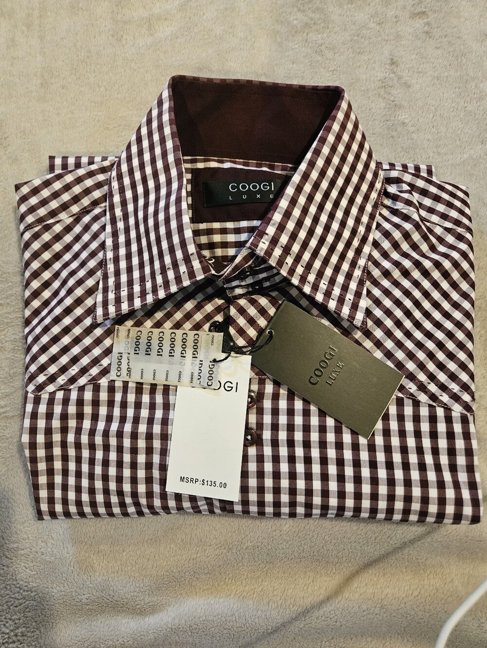 NWT COOGI Luxe Gingham Button-Down Shirt – Brown/White Check – Men’s 2XL